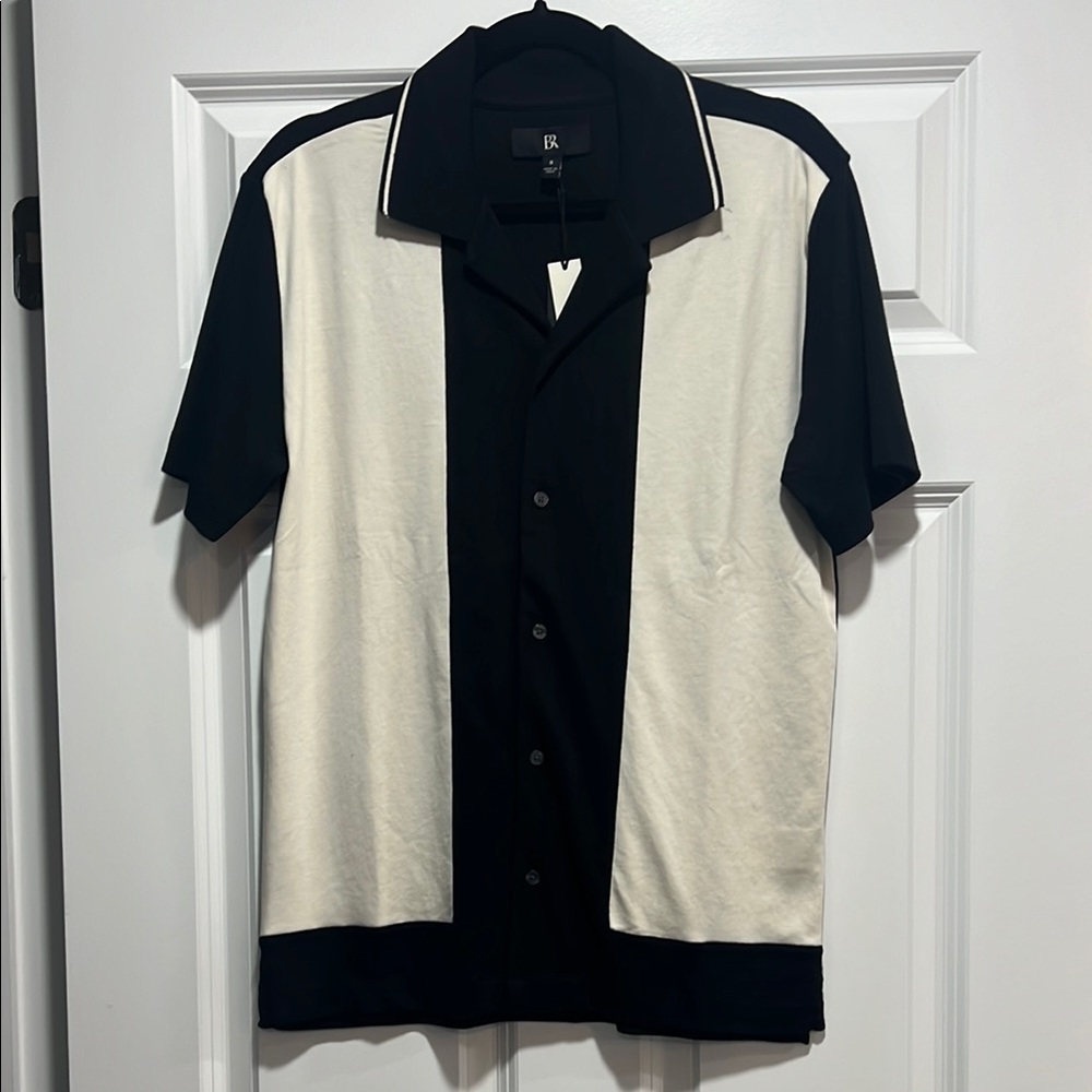 NWT Mens Banana Republic Black and Cream Short Sleeve Shirt